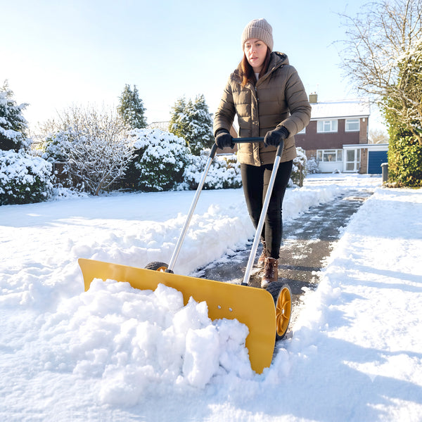 37-Inch Extra Wide Snow Shovel with Wheels, Heavy Duty Aluminum Snow Pusher with Ergonomic Adjustable Handle, Angled Blade and Non-Slip Grip for Driveway, Sidewalks, Garden, Deck, Yellow