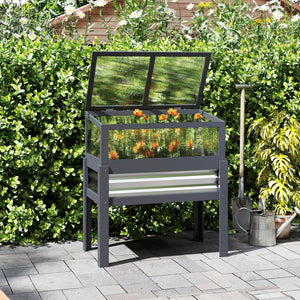 Wooden Raised Garden Bed with Flip-Up Greenhouse Top, Raised Garden Bed with Legs and Bed Liner, Elevated Planter Box for Flowers, Vegetables, Herbs, Gray