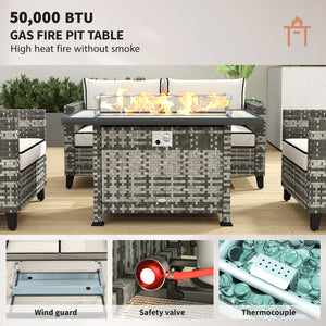 5 Pieces PE Rattan Garden Furniture Set with Gas Fire Pit Table, Loveseat Sofa, Armchairs, Patio Sofa Set with Cushions, Pillows, for Poolside, Grey