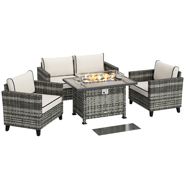 5 Pieces PE Rattan Garden Furniture Set with Gas Fire Pit Table, Loveseat Sofa, Armchairs, Patio Sofa Set with Cushions, Pillows, for Poolside, Grey