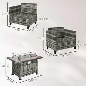 5 Pieces PE Rattan Garden Furniture Set with Gas Fire Pit Table, Loveseat Sofa, Armchairs, Patio Sofa Set with Cushions, Pillows, for Poolside, Grey