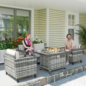 5 Pieces PE Rattan Garden Furniture Set with Gas Fire Pit Table, Loveseat Sofa, Armchairs, Patio Sofa Set with Cushions, Pillows, for Poolside, Grey