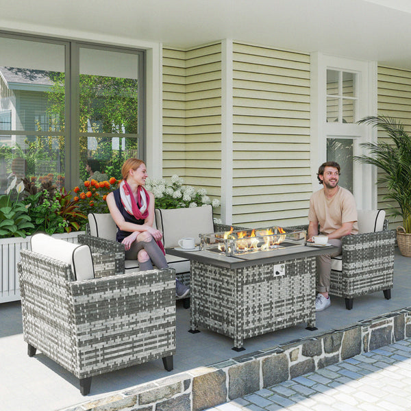 5 Pieces PE Rattan Garden Furniture Set with Gas Fire Pit Table, Loveseat Sofa, Armchairs, Patio Sofa Set with Cushions, Pillows, for Poolside, Grey