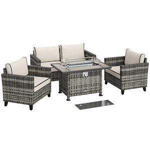 5 Pieces PE Rattan Garden Furniture Set with Gas Fire Pit Table, Loveseat Sofa, Armchairs, Patio Sofa Set with Cushions, Pillows, for Poolside, Grey
