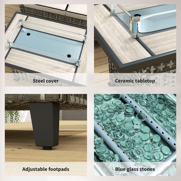 5 Pieces PE Rattan Garden Furniture Set with Gas Fire Pit Table, Loveseat Sofa, Armchairs, Patio Sofa Set with Cushions, Pillows, for Poolside, Grey