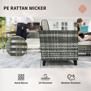 5 Pieces PE Rattan Garden Furniture Set with Gas Fire Pit Table, Loveseat Sofa, Armchairs, Patio Sofa Set with Cushions, Pillows, for Poolside, Grey