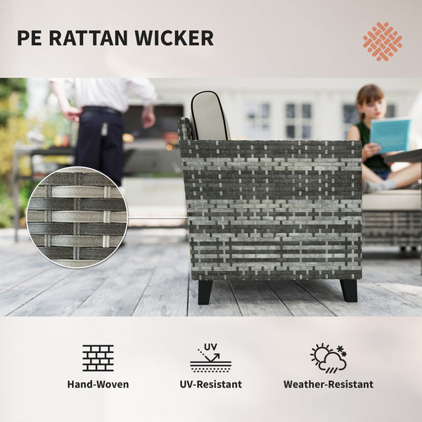 5 Pieces PE Rattan Garden Furniture Set with Gas Fire Pit Table, Loveseat Sofa, Armchairs, Patio Sofa Set with Cushions, Pillows, for Poolside, Grey