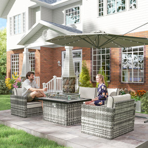 5 Pieces PE Rattan Garden Furniture Set with Gas Fire Pit Table, Loveseat Sofa, Armchairs, Patio Sofa Set with Cushions, Pillows, for Poolside, Grey
