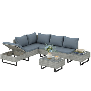 5 Seater Rattan Garden Furniture Set, Adjustable Back Corner Sofa Outdoor Lounge Set, Loveseat, Faux Wood Table, Cushions, L Shaped Patio Furniture Conversation Sets, Metal Frame, Grey