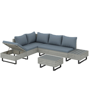 5 Seater Rattan Garden Furniture Set, Adjustable Back Corner Sofa Outdoor Lounge Set, Loveseat, Faux Wood Table, Cushions, L Shaped Patio Furniture Conversation Sets, Metal Frame, Grey