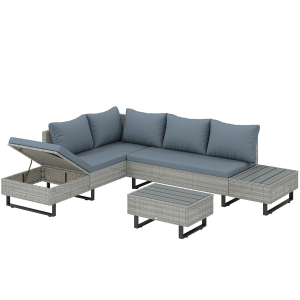 5 Seater Rattan Garden Furniture Set, Adjustable Back Corner Sofa Outdoor Lounge Set, Loveseat, Faux Wood Table, Cushions, L Shaped Patio Furniture Conversation Sets, Metal Frame, Grey