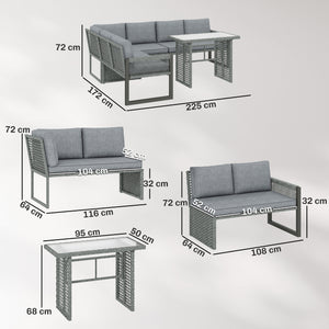 6 Seater Rattan Garden Furniture Set with 3 Loveseats, Glass-Top Table, 4 Piece Outdoor Dining Patio Rattan Furniture Corner Sofa Set with Cushions for Conservatory, Grey