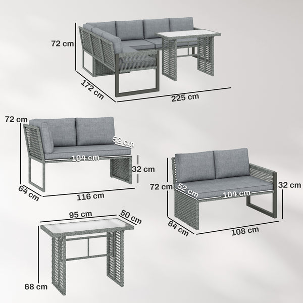 6 Seater Rattan Garden Furniture Set with 3 Loveseats, Glass-Top Table, 4 Piece Outdoor Dining Patio Rattan Furniture Corner Sofa Set with Cushions for Conservatory, Grey
