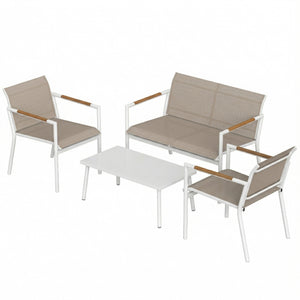 4 Seater Garden Furniture Set with Loveseat, 2 Armchairs, Metal-Top Table, Metal Garden Sofa Set with Breathable Mesh Seats, Outdoor Furniture Conversation Sets, Khaki