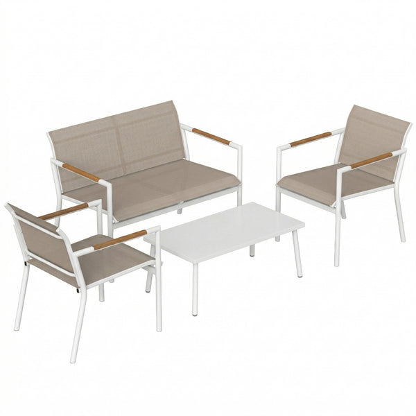 4 Seater Garden Furniture Set with Loveseat, 2 Armchairs, Metal-Top Table, Metal Garden Sofa Set with Breathable Mesh Seats, Outdoor Furniture Conversation Sets, Khaki