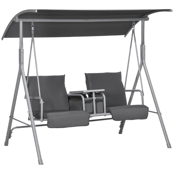 2 Person Porch Swing with Stand, Outdoor Swing with Canopy, Storage Table, 2 Cup Holders, Cushions for Patio, Backyard, Gray