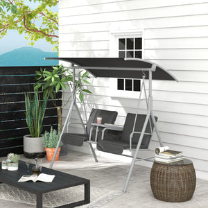 2 Person Porch Swing with Stand, Outdoor Swing with Canopy, Storage Table, 2 Cup Holders, Cushions for Patio, Backyard, Gray