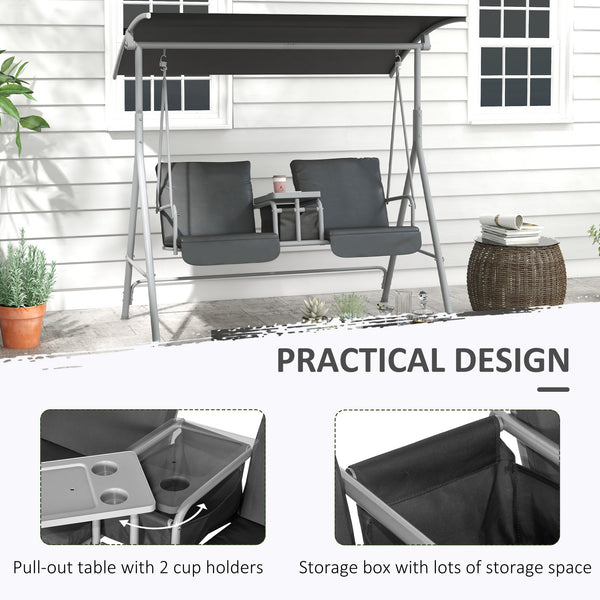 2 Person Porch Swing with Stand, Outdoor Swing with Canopy, Storage Table, 2 Cup Holders, Cushions for Patio, Backyard, Gray