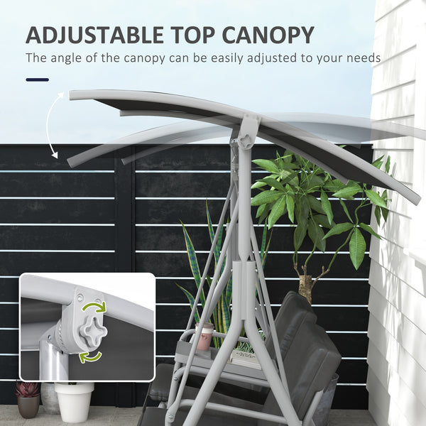 2 Person Porch Swing with Stand, Outdoor Swing with Canopy, Storage Table, 2 Cup Holders, Cushions for Patio, Backyard, Gray