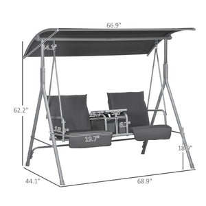 2 Person Porch Swing with Stand, Outdoor Swing with Canopy, Storage Table, 2 Cup Holders, Cushions for Patio, Backyard, Gray