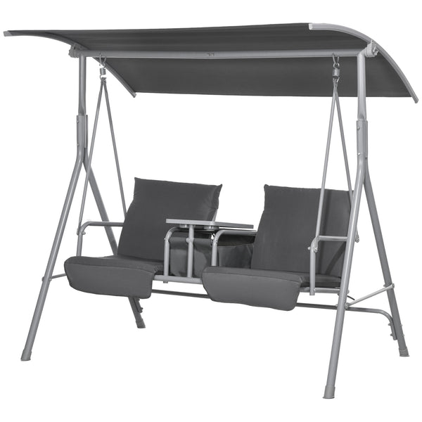 2 Person Porch Swing with Stand, Outdoor Swing with Canopy, Storage Table, 2 Cup Holders, Cushions for Patio, Backyard, Gray