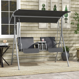 2 Person Porch Swing with Stand, Outdoor Swing with Canopy, Storage Table, 2 Cup Holders, Cushions for Patio, Backyard, Gray