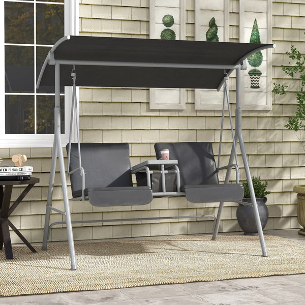 2 Person Porch Swing with Stand, Outdoor Swing with Canopy, Storage Table, 2 Cup Holders, Cushions for Patio, Backyard, Gray