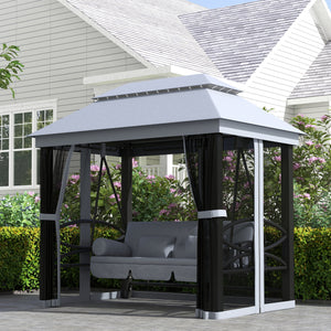 3-Seat Patio Swing Chair, Outdoor Gazebo Swing with Double Tier Canopy, Mesh Sidewalls, Cushioned Seat and Pillows, Gray