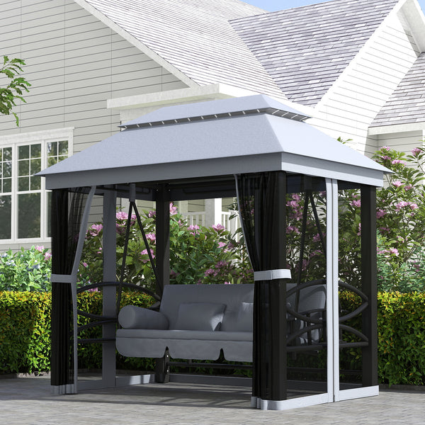 3-Seat Patio Swing Chair, Outdoor Gazebo Swing with Double Tier Canopy, Mesh Sidewalls, Cushioned Seat and Pillows, Gray