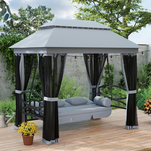 3-Seat Patio Swing Chair, Outdoor Gazebo Swing with Double Tier Canopy, Mesh Sidewalls, Cushioned Seat and Pillows, Gray