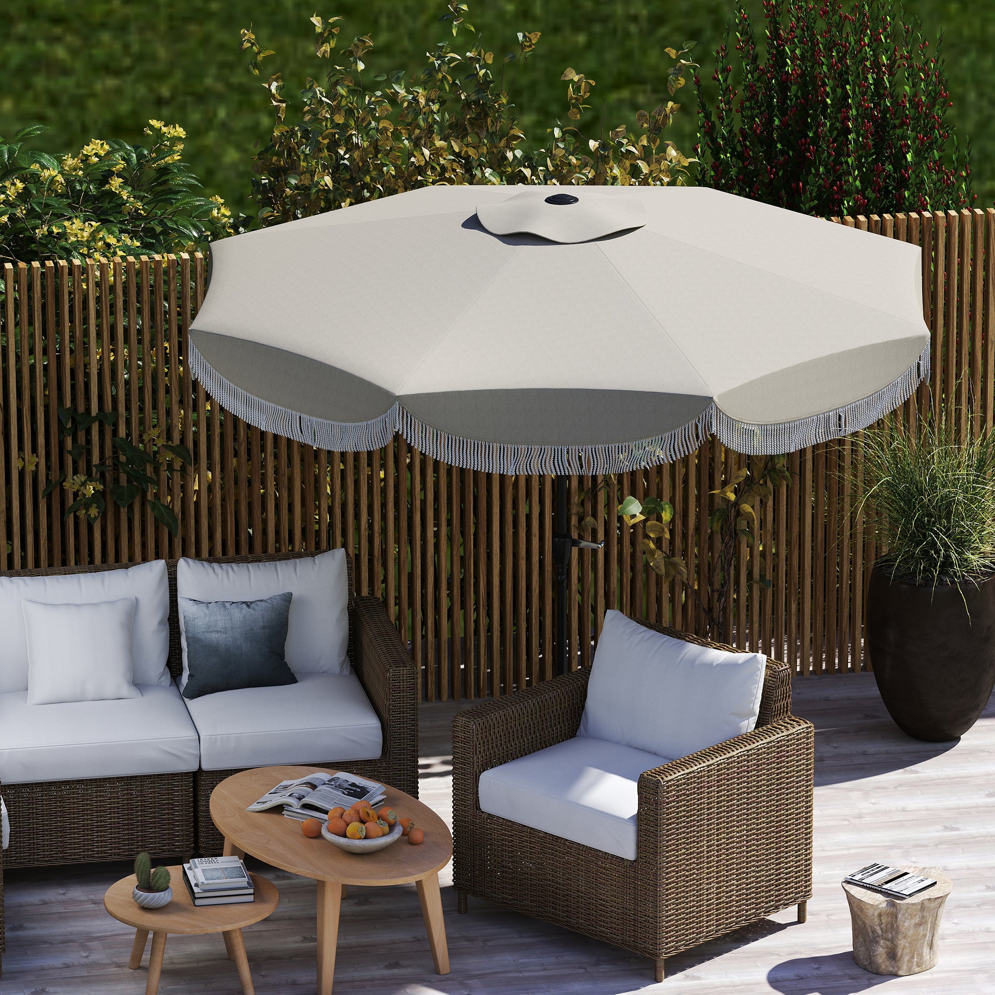 light gray patio umbrella Outsunny 9FT Patio Umbrella, UPF 30+ Outdoor Market Umbrella with Crank, 8 Ribs, Push Button Tilt, Vented Patio Table Umbrella for Deck Backyard Lawn,