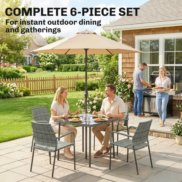 4 Seater Rattan Dining Set with Parasol, 6 Piece Garden Table and Stackable Chairs with Tempered Glass Tabletop, All-Weather Outdoor Rattan Furniture Set for Patio, Light Grey