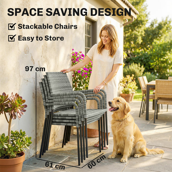 4 Seater Rattan Dining Set with Parasol, 6 Piece Garden Table and Stackable Chairs with Tempered Glass Tabletop, All-Weather Outdoor Rattan Furniture Set for Patio, Light Grey
