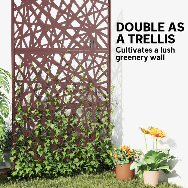 Metal Outdoor Privacy Screen, 78" x 48" Freestanding Outdoor Divider with Stand, Decorative Privacy Panel with Labyrinth Cut-out Design for Garden Patio, Dark Brown