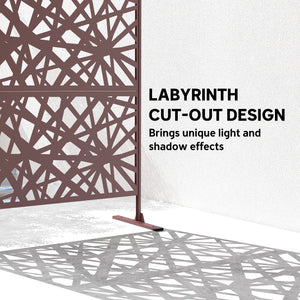 Metal Outdoor Privacy Screen, 78" x 48" Freestanding Outdoor Divider with Stand, Decorative Privacy Panel with Labyrinth Cut-out Design for Garden Patio, Dark Brown