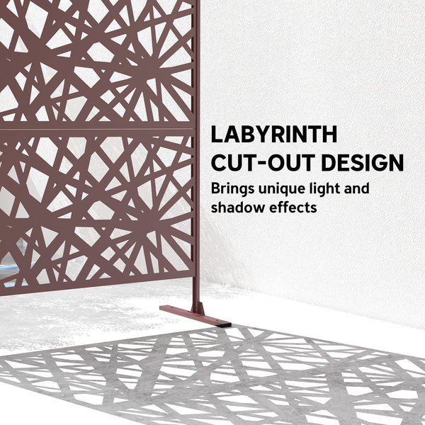 Metal Outdoor Privacy Screen, 78" x 48" Freestanding Outdoor Divider with Stand, Decorative Privacy Panel with Labyrinth Cut-out Design for Garden Patio, Dark Brown