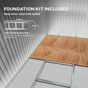 9ft x 4ft Metal Garden Shed, Outdoor Tool House with Foundation Kit, Ventilations and Double Doors, Light Grey Wood Grain