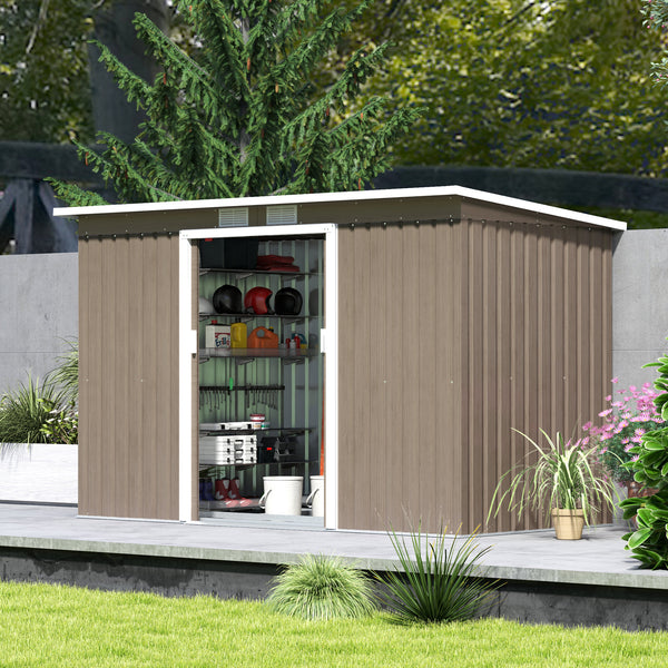 9ft x 4ft Metal Garden Shed, Outdoor Tool House with Foundation Kit, Ventilations and Double Doors, Light Grey Wood Grain