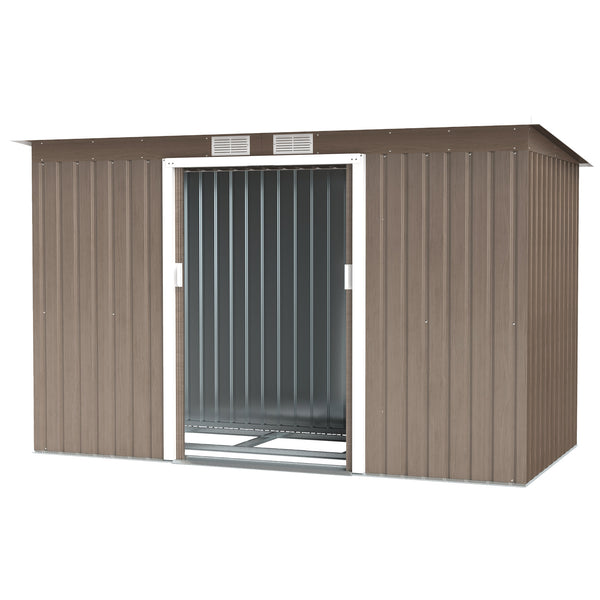 9ft x 4ft Metal Garden Shed, Outdoor Tool House with Foundation Kit, Ventilations and Double Doors, Light Grey Wood Grain