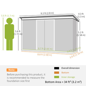 9ft x 4ft Metal Garden Shed, Outdoor Tool House with Foundation Kit, Ventilations and Double Doors, Light Grey Wood Grain