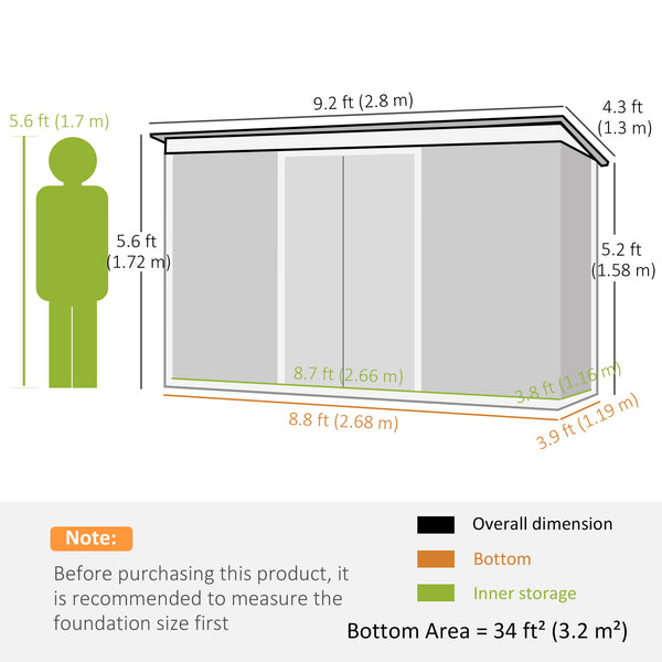 9ft x 4ft Metal Garden Shed, Outdoor Tool House with Foundation Kit, Ventilations and Double Doors, Light Grey Wood Grain