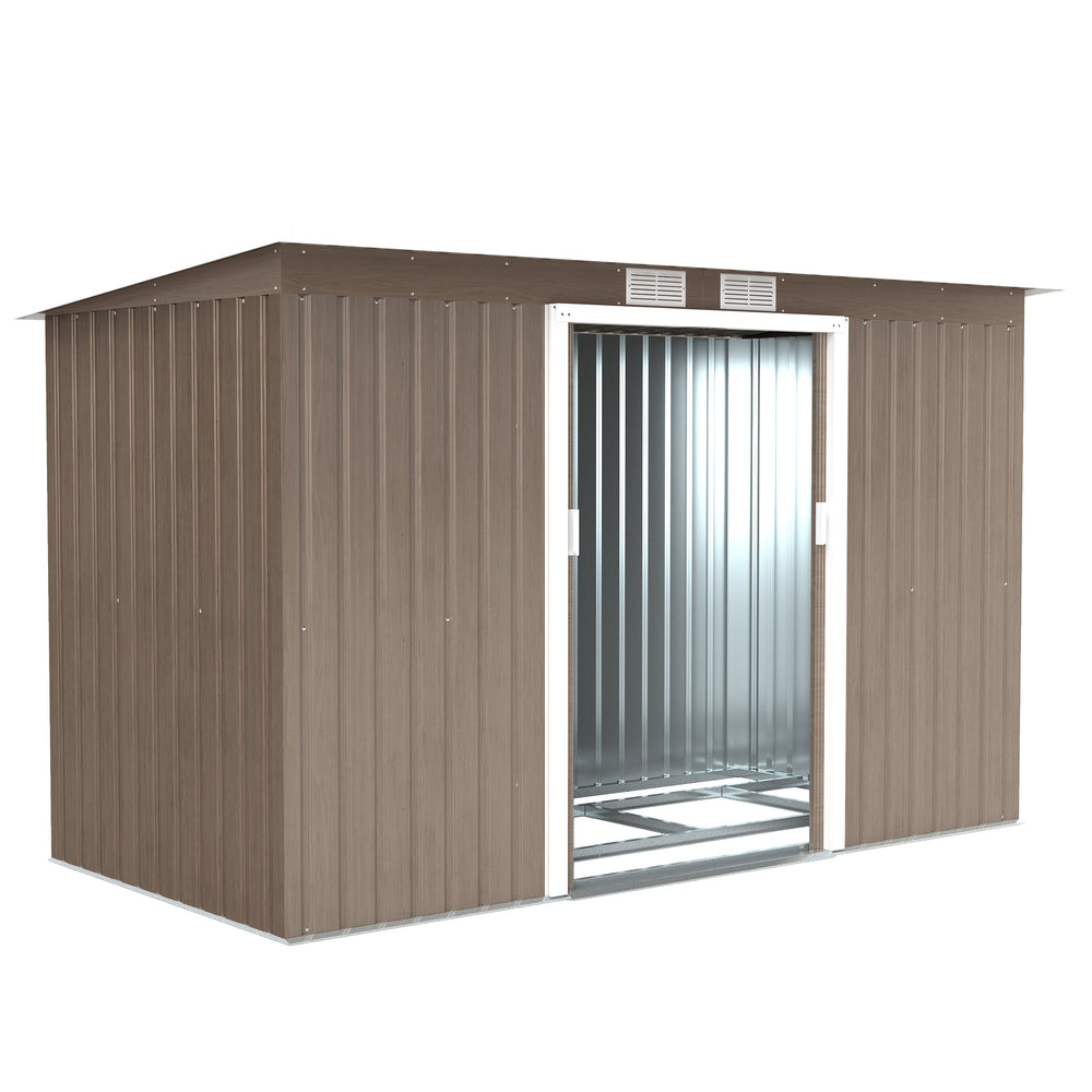 9ft x 4ft Metal Garden Shed, Outdoor Tool House with Foundation Kit, Ventilations and Double Doors, Light Grey Wood Grain