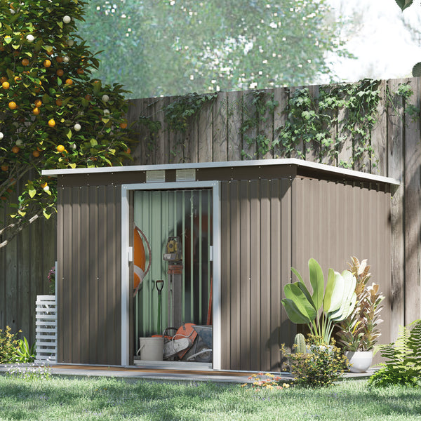 9ft x 4ft Metal Garden Shed, Outdoor Tool House with Foundation Kit, Ventilations and Double Doors, Light Grey Wood Grain