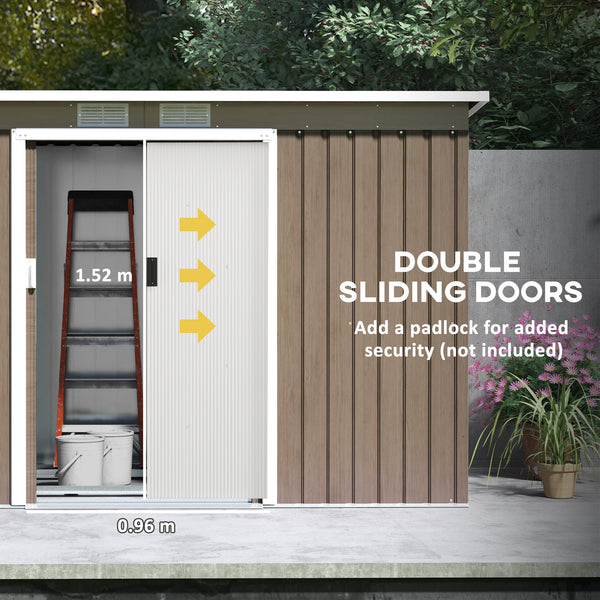 9ft x 4ft Metal Garden Shed, Outdoor Tool House with Foundation Kit, Ventilations and Double Doors, Light Grey Wood Grain