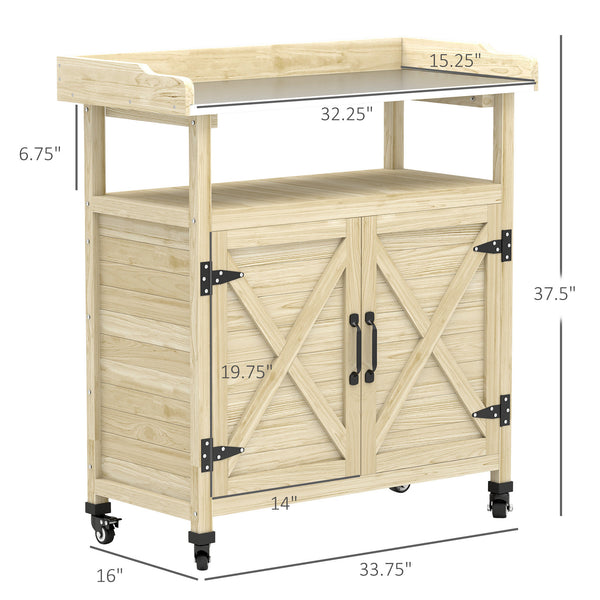 Outsunny Outdoor Wooden Potting Bench Table, Garden Workstation with Storage Cabinet, Aluminum Table Top, Rubber Wheels for Backyard, Patio, Balcony, Natural Wood