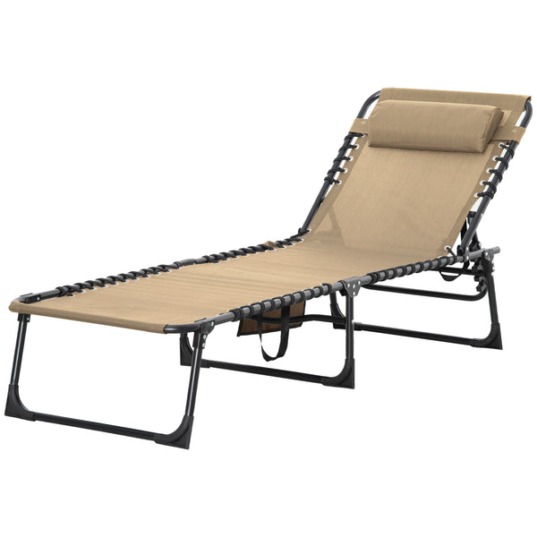 Folding Lounge Chair, Reclining Tanning Chair, Portable Sun Lounger with Adjustable Backrest and Removable Pillow for Patio, Garden, Beach, Beige