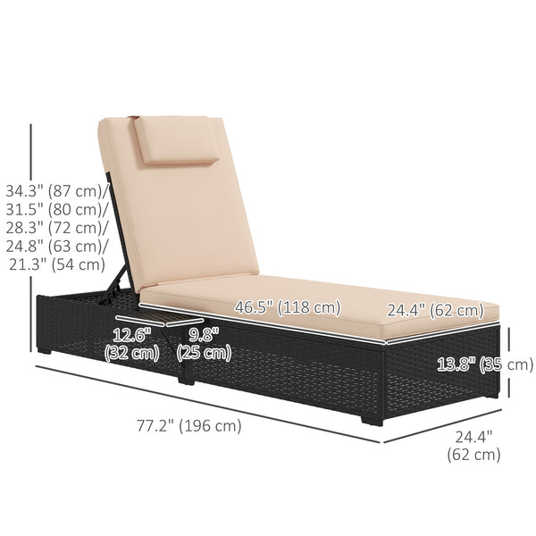 Outdoor Patio Lounger with Cushion, 5-Level Reclining Wicker Chaise Lounge Chair with Tea Tray, for Poolside, Patio, Deck, 264lb Weight Capacity, Beige