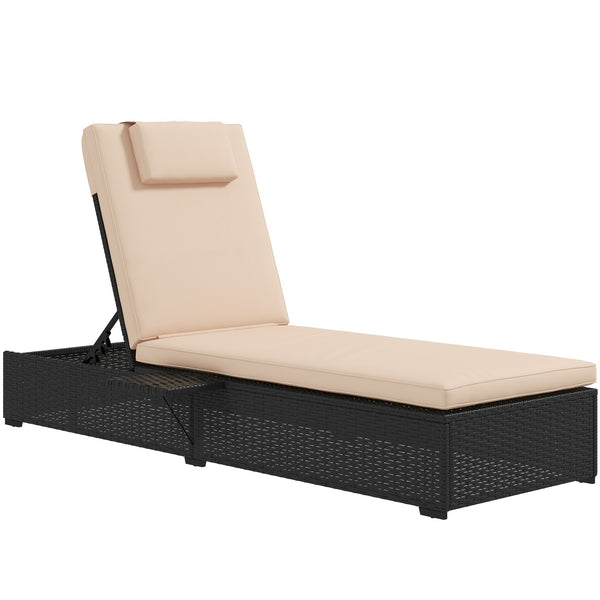 Outdoor Patio Lounger with Cushion, 5-Level Reclining Wicker Chaise Lounge Chair with Tea Tray, for Poolside, Patio, Deck, 264lb Weight Capacity, Beige