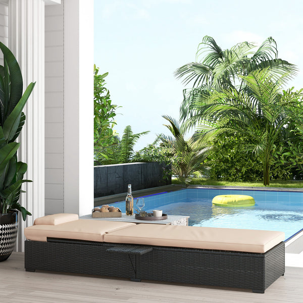 Outdoor Patio Lounger with Cushion, 5-Level Reclining Wicker Chaise Lounge Chair with Tea Tray, for Poolside, Patio, Deck, 264lb Weight Capacity, Beige