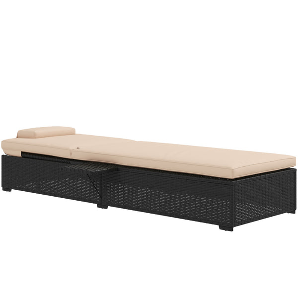 Outdoor Patio Lounger with Cushion, 5-Level Reclining Wicker Chaise Lounge Chair with Tea Tray, for Poolside, Patio, Deck, 264lb Weight Capacity, Beige